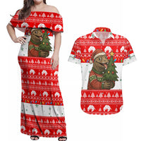 Indonesia Christmas Couples Matching Off Shoulder Maxi Dress and Hawaiian Shirt with Komodo Dragon Santa Hat Christmas Tree and Red White Holiday - Wonder Print Shop