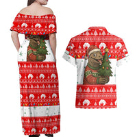 Indonesia Christmas Couples Matching Off Shoulder Maxi Dress and Hawaiian Shirt with Komodo Dragon Santa Hat Christmas Tree and Red White Holiday - Wonder Print Shop
