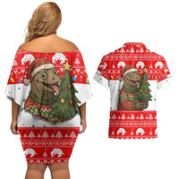 Indonesia Christmas Couples Matching Off Shoulder Short Dress and Hawaiian Shirt with Komodo Dragon Santa Hat Christmas Tree and Red White Holiday - Wonder Print Shop