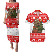 Indonesia Christmas Couples Matching Puletasi and Hawaiian Shirt with Komodo Dragon Santa Hat Christmas Tree and Red White Holiday - Wonder Print Shop