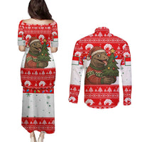 Indonesia Christmas Couples Matching Puletasi and Long Sleeve Button Shirt with Komodo Dragon Santa Hat Christmas Tree and Red White Holiday - Wonder Print Shop