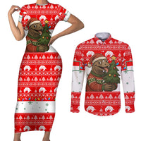 Indonesia Christmas Couples Matching Short Sleeve Bodycon Dress and Long Sleeve Button Shirt with Komodo Dragon Santa Hat Christmas Tree and Red White Holiday - Wonder Print Shop