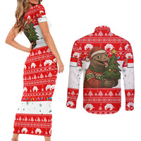 Indonesia Christmas Couples Matching Short Sleeve Bodycon Dress and Long Sleeve Button Shirt with Komodo Dragon Santa Hat Christmas Tree and Red White Holiday - Wonder Print Shop
