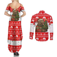 Indonesia Christmas Couples Matching Summer Maxi Dress and Long Sleeve Button Shirt with Komodo Dragon Santa Hat Christmas Tree and Red White Holiday - Wonder Print Shop