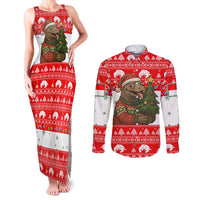 Indonesia Christmas Couples Matching Tank Maxi Dress and Long Sleeve Button Shirt with Komodo Dragon Santa Hat Christmas Tree and Red White Holiday - Wonder Print Shop