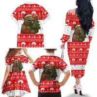 Indonesia Christmas Family Matching Off The Shoulder Long Sleeve Dress and Hawaiian Shirt with Komodo Dragon Santa Hat Christmas Tree and Red White Holiday - Wonder Print Shop