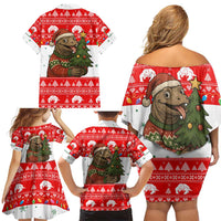 Indonesia Christmas Family Matching Off Shoulder Short Dress and Hawaiian Shirt with Komodo Dragon Santa Hat Christmas Tree and Red White Holiday - Wonder Print Shop