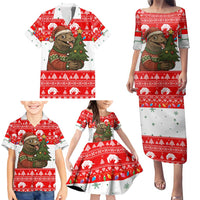 Indonesia Christmas Family Matching Puletasi and Hawaiian Shirt with Komodo Dragon Santa Hat Christmas Tree and Red White Holiday - Wonder Print Shop