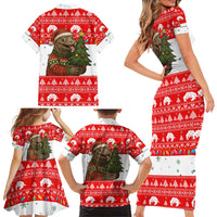 Indonesia Christmas Family Matching Short Sleeve Bodycon Dress and Hawaiian Shirt with Komodo Dragon Santa Hat Christmas Tree and Red White Holiday - Wonder Print Shop