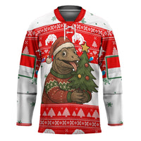 Indonesia Christmas Hockey Jersey with Komodo Dragon Santa Hat Christmas Tree and Red White Holiday - Wonder Print Shop