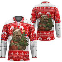 Indonesia Christmas Hockey Jersey with Komodo Dragon Santa Hat Christmas Tree and Red White Holiday - Wonder Print Shop