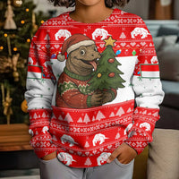 Indonesia Christmas Kid Ugly Christmas Sweater with Komodo Dragon Santa Hat Christmas Tree and Red White Holiday - Wonder Print Shop