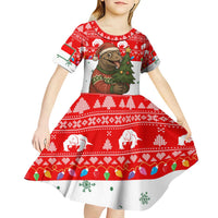 Indonesia Christmas Kid Short Sleeve Dress with Komodo Dragon Santa Hat Christmas Tree and Red White Holiday - Wonder Print Shop