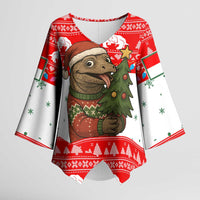 Indonesia Christmas Kimono Sleeve Blouse with Komodo Dragon Santa Hat Christmas Tree and Red White Holiday - Wonder Print Shop