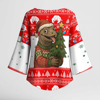 Indonesia Christmas Kimono Sleeve Blouse with Komodo Dragon Santa Hat Christmas Tree and Red White Holiday - Wonder Print Shop