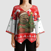 Indonesia Christmas Kimono Sleeve Blouse with Komodo Dragon Santa Hat Christmas Tree and Red White Holiday - Wonder Print Shop