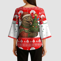 Indonesia Christmas Kimono Sleeve Blouse with Komodo Dragon Santa Hat Christmas Tree and Red White Holiday - Wonder Print Shop