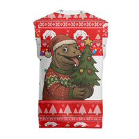 Indonesia Christmas Knitted V-Neck Vest with Komodo Dragon Santa Hat Christmas Tree and Red White Holiday - Wonder Print Shop