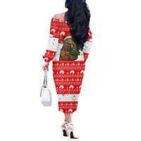 Indonesia Christmas Off The Shoulder Long Sleeve Dress with Komodo Dragon Santa Hat Christmas Tree and Red White Holiday - Wonder Print Shop