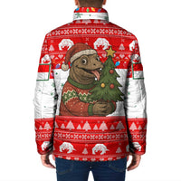 Indonesia Christmas Padded Jacket with Komodo Dragon Santa Hat Christmas Tree and Red White Holiday - Wonder Print Shop