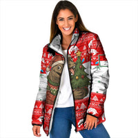 Indonesia Christmas Padded Jacket with Komodo Dragon Santa Hat Christmas Tree and Red White Holiday - Wonder Print Shop