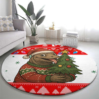 Indonesia Christmas Round Carpet with Komodo Dragon Santa Hat Christmas Tree and Red White Holiday - Wonder Print Shop