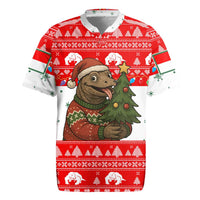 Indonesia Christmas Rugby Jersey with Komodo Dragon Santa Hat Christmas Tree and Red White Holiday - Wonder Print Shop