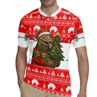 Indonesia Christmas Rugby Jersey with Komodo Dragon Santa Hat Christmas Tree and Red White Holiday - Wonder Print Shop