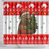 Indonesia Christmas Shower Curtain with Komodo Dragon Santa Hat Christmas Tree and Red White Holiday - Wonder Print Shop