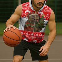 Indonesia Christmas Sleeveless Zip Hoodie with Komodo Dragon Santa Hat Christmas Tree and Red White Holiday - Wonder Print Shop