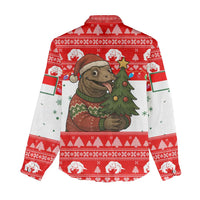 Indonesia Christmas Women Casual Shirt with Komodo Dragon Santa Hat Christmas Tree and Red White Holiday - Wonder Print Shop