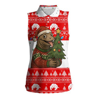Indonesia Christmas Women Sleeveless Polo Shirt with Komodo Dragon Santa Hat Christmas Tree and Red White Holiday - Wonder Print Shop
