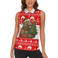 Indonesia Christmas Women Sleeveless Polo Shirt with Komodo Dragon Santa Hat Christmas Tree and Red White Holiday - Wonder Print Shop