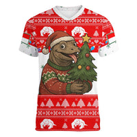 Indonesia Christmas Women V-Neck T-Shirt with Komodo Dragon Santa Hat Christmas Tree and Red White Holiday - Wonder Print Shop