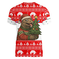 Indonesia Christmas Women V-Neck T-Shirt with Komodo Dragon Santa Hat Christmas Tree and Red White Holiday - Wonder Print Shop