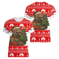 Indonesia Christmas Women V-Neck T-Shirt with Komodo Dragon Santa Hat Christmas Tree and Red White Holiday - Wonder Print Shop