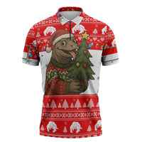 Indonesia Christmas Zipper Polo Shirt with Komodo Dragon Santa Hat Christmas Tree and Red White Holiday - Wonder Print Shop