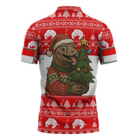 Indonesia Christmas Zipper Polo Shirt with Komodo Dragon Santa Hat Christmas Tree and Red White Holiday - Wonder Print Shop