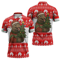 Indonesia Christmas Zipper Polo Shirt with Komodo Dragon Santa Hat Christmas Tree and Red White Holiday - Wonder Print Shop