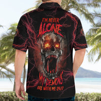 Men's black Hawaiian shirt with back print of a flaming skull and red lightning lines.