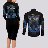 When I Was Born Reaper Fire Blue Couples Matching Long Sleeve Bodycon Dress and Long Sleeve Button Shirt - Wonder Print Shop