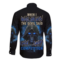 When I Was Born Reaper Fire Blue Long Sleeve Button Shirt - Wonder Print Shop