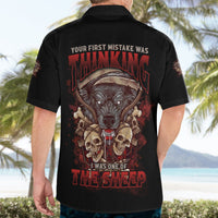 Black short-sleeve button-up Hawaiian shirt with full back graphic skull and bold text