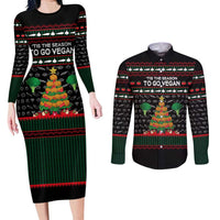 Vegan Christmas Couples Matching Long Sleeve Bodycon Dress and Long Sleeve Button Shirt with Tis the Season to Go Vegan Quote and Vegetable Tree - Wonder Print Shop