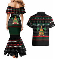Vegan Christmas Couples Matching Mermaid Dress and Hawaiian Shirt with Tis the Season to Go Vegan Quote and Vegetable Tree - Wonder Print Shop