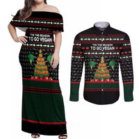 Vegan Christmas Couples Matching Off Shoulder Maxi Dress and Long Sleeve Button Shirt with Tis the Season to Go Vegan Quote and Vegetable Tree - Wonder Print Shop