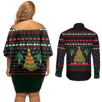Vegan Christmas Couples Matching Off Shoulder Short Dress and Long Sleeve Button Shirt with Tis the Season to Go Vegan Quote and Vegetable Tree - Wonder Print Shop