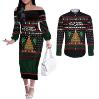 Vegan Christmas Couples Matching Off The Shoulder Long Sleeve Dress and Long Sleeve Button Shirt with Tis the Season to Go Vegan Quote and Vegetable Tree - Wonder Print Shop