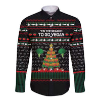 Vegan Christmas Long Sleeve Button Shirt with Tis the Season to Go Vegan Quote and Vegetable Tree - Wonder Print Shop