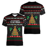 Vegan Christmas Women V-Neck T-Shirt with Tis the Season to Go Vegan Quote and Vegetable Tree - Wonder Print Shop